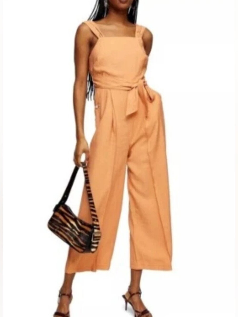 Topshop Tie Waist Wide Leg Pinafore Jumpsuit in a Sherbert Orange color Size 6